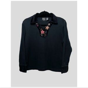 VINTAGE | Y2K FLORAL EMBROIDERED VELVET TRIM RIBBED SWEATER